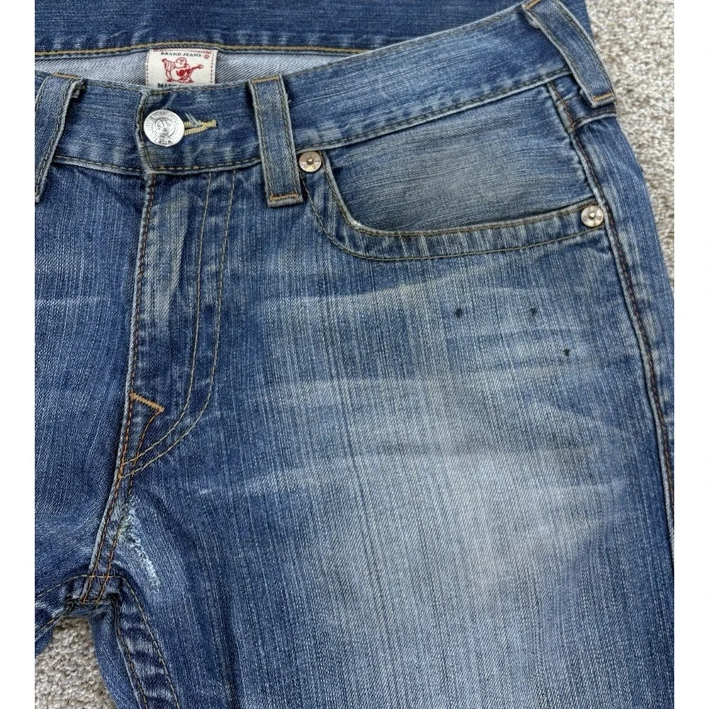 VTG True Religion Straight Jean Mens 34 (36x32) Blue Distressed Workwear USA Y2K